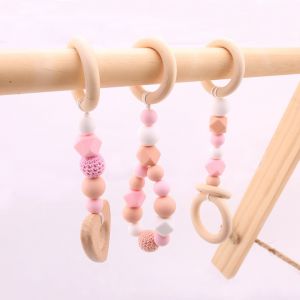 Baby Play Gym DIY Sensory Teether Wooden Ring Chew Silicone Beads Wood Teething Cartoon Silicone Teether Baby Rattles Toys