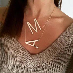 מתנות לחג תכשיטים New Minimalist Gold Rose Gold Silver Color 26 A-Z Letter Name Initial Necklaces For Women Long Big Letter Pendant Necklace