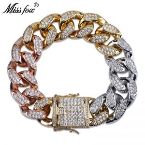 MISSFOX Hip-Hop 14/18mm Tricolor Combine Full Diamond Micro-Studded Luxury Brand Argent Quotes Personalized Men's Big Bracelet