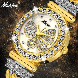 מתנות לחג תכשיטים MISSFOX Butterfly Women Watches Luxury Brand Big Diamond 18K Gold Watch Waterproof Special Bracelet Expensive Ladies Wrist Watch