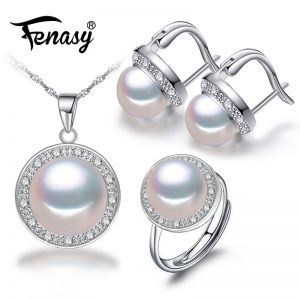 מתנות לחג תכשיטים FENASY Freshwater pearl jewelry sets for women fashion trendy s925 sterling silver necklace & pendant earrings ring 2018 new