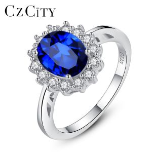 CZCITY Princess Diana William Kate Gemstone Rings Sapphire Blue Wedding Engagement 925 Sterling Silver Finger Ring for Women