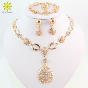 Fashion Vintage Clear Crystal Gold Color African Bridal Costume Jewelry Sets Nigerian Wedding Water Drop Necklace Earrings Set