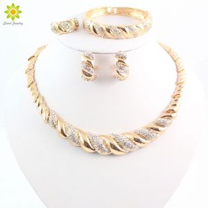 New African Jewelry Sets Gold Color Trendy Necklace Earrings Bracelet Women Gold Color Jewelry Set Wedding Accessories