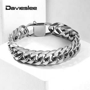 15mm Mens Bracelet 316L Stainless Steel Heavy Silver Tone Double Curb Cuban Link Rombo Boys Chain Bangles Male Jewelry DHB289A