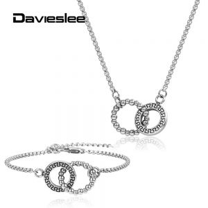 Womens Jewelry Set  Necklace Bracelet  Simple Elegant  Intertwined Circles Stainless Steel Box Link Chain for Girls Gift DTSS06