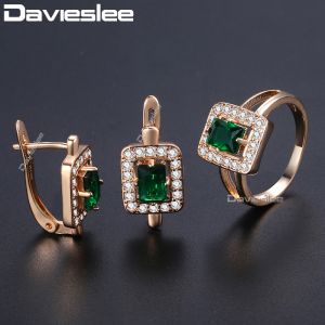 Davieslee Square Green Stone Stud Earring Ring For Women 585 Rose Gold Filled Paved Clear Cubic Zirconia CZ Jewelry Sets DGE141
