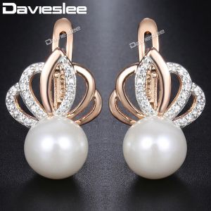 Davieslee Pearl Stud Earrings For Women 585 Rose Gold Filled Rhinestones Crown Womens Stud Earring Fashion Jewelry Gift DGE150