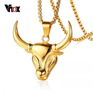 מתנות לחג תכשיטים Vnox Unique Bull Head Charm Necklace for Men Gold Color Stainless Steel Animal Cow Pendant Necklace free Chain 24" Male Jewelry