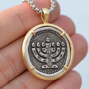 Mens Menorah Necklace Judaica Candle Holder Pendant Hebrew Hanukkah Gift Israel Shekel Emblem Religious Jewelry A262